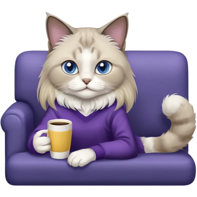 a cute blue eyed brown and white ragdoll cat with white paws and brown and beige tail wearing the dark violet sweater with yellow letteting "Milena" sitting on a grey sofa with grey laptop branded lettering "Lenovo", it` not brand Apple - only Lenovo and drinking coffee emoji