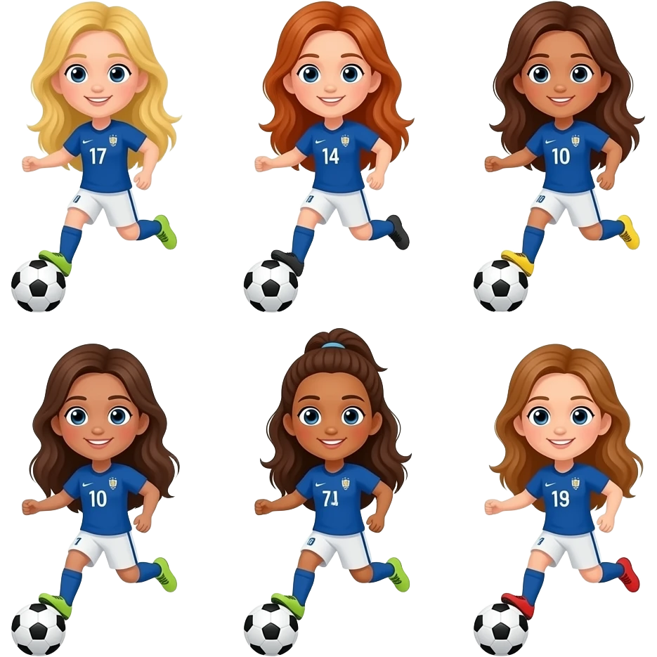 A team of 7 women playing soccer in France : one with long blond hair and white skin, one with auburn long hair and white skin, one with caramel-colored skin and chestnut hair, two with chestnut long hair and white skin, two with brown middle hair and white skin emoji