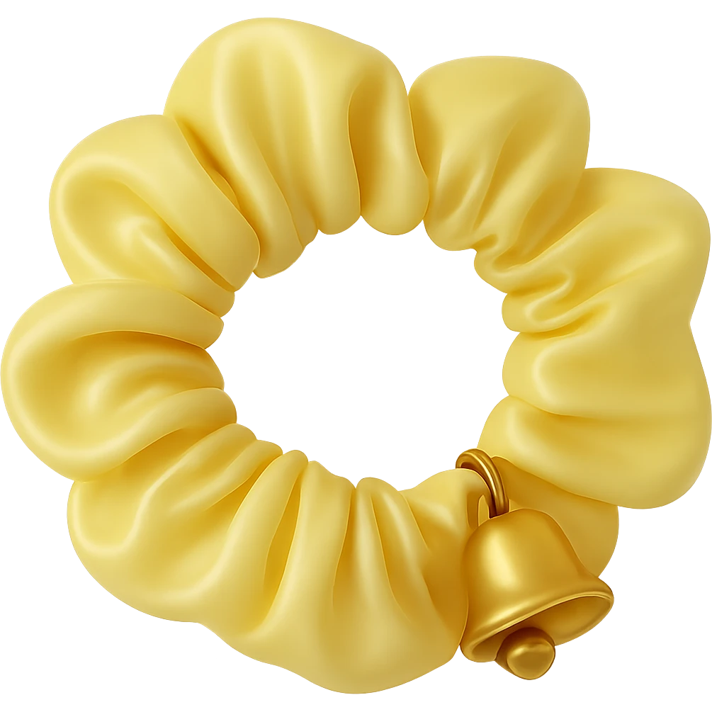 Change the gold star charm to a small Christmas bell charm on the pastel yellow silky scrunchie, keep the 3D emoji style and shimmer effect. emoji