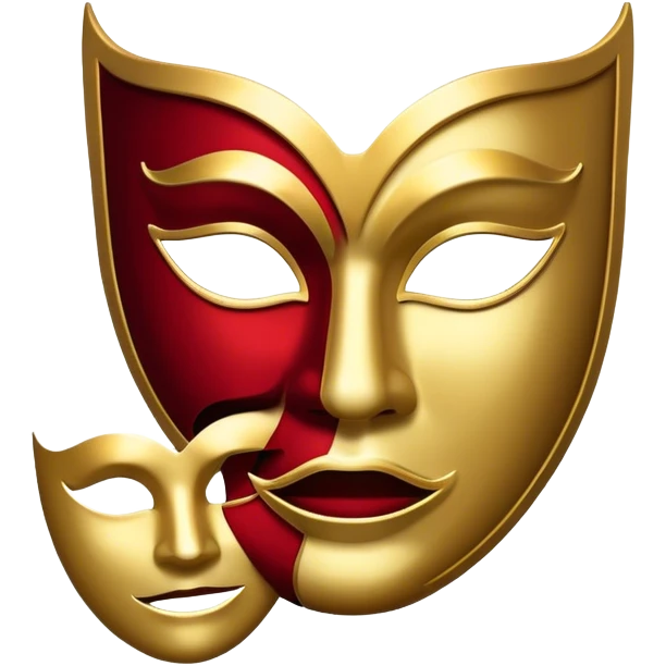 Create a bold and dramatic emoji representing the art of playwriting. The design should feature an open script or a theater playbook, with stylized text lines or dramatic dialogue inside. Include elements like a theatrical mask (comedy or tragedy), a stage spotlight, or a quill to symbolize creativity and performance. Use deep, contrasting colors like red, black, and gold to evoke the intensity and passion of drama. The overall design should feel dramatic, inspiring, and artistic. Make the background transparent. emoji