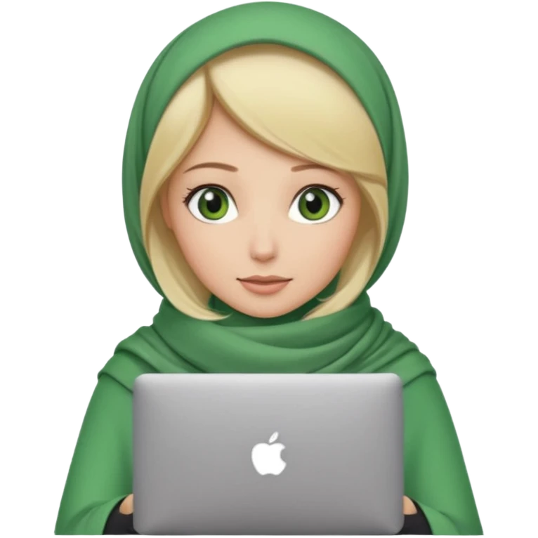 blond women skine , with green eyes , with scarf hijab , heid the hair, with macbook emoji