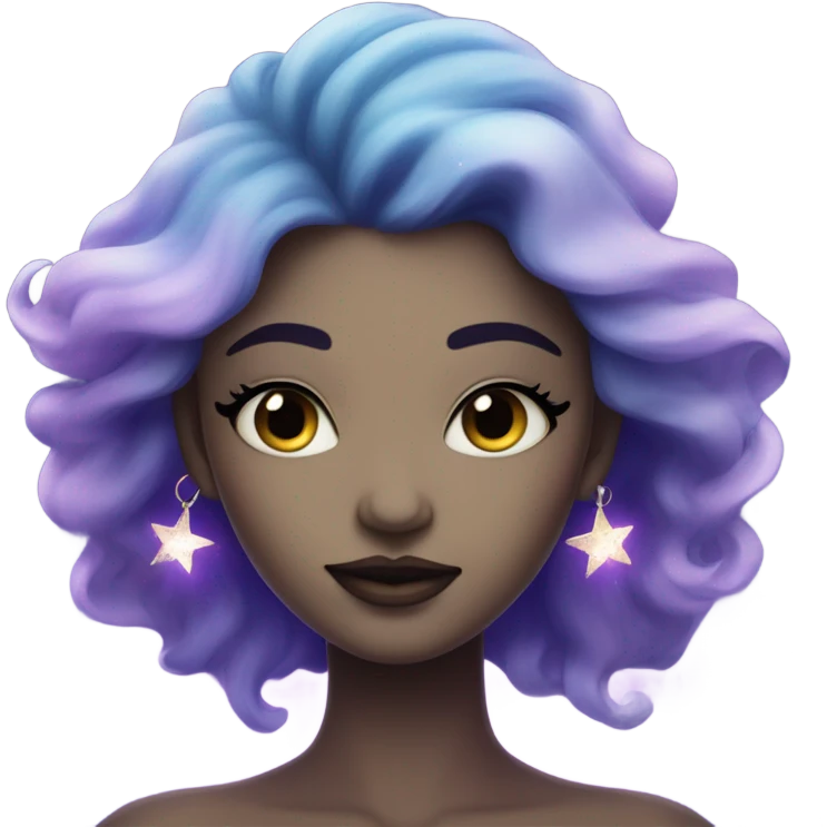 mystical woman with white skin with sparkling galaxy hair with moon and stars in purple and blue shades emoji