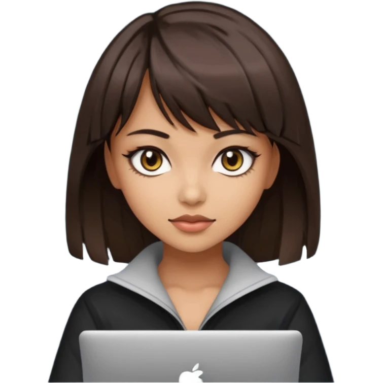 Sexy hacker chick coding girl with computer and dark brown layered hair with bangs and dark eyes and tan skin  emoji