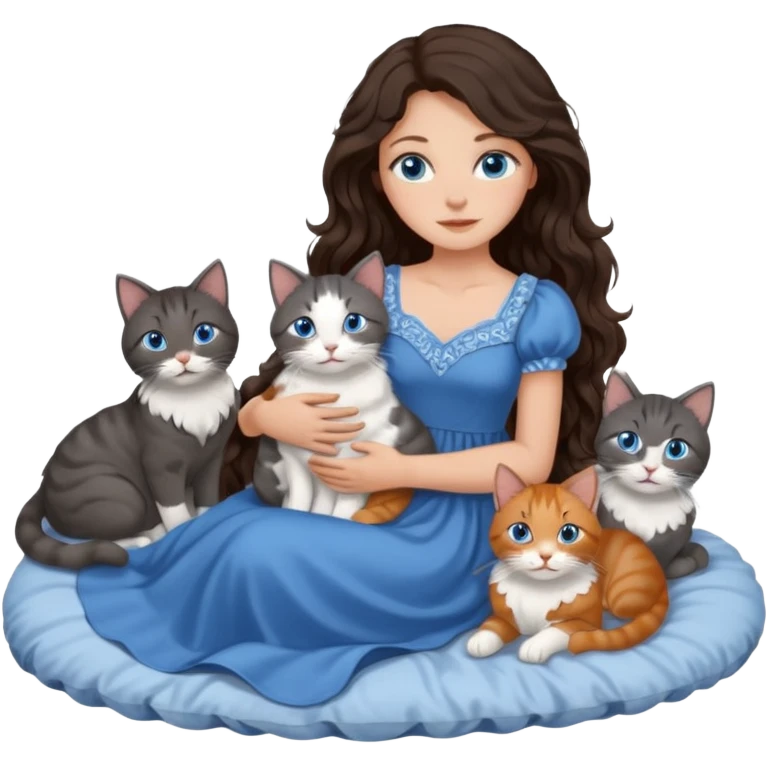 detailed realistic looking a dark grey and white cat regally laying with six other cats, cuddling with their owner in bed who is a pretty bratz lightly tanned white girl with long dark brown hair, blue eyes and gorgeous long wavy hair wearing a pretty detailed dress emoji