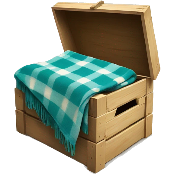 PRealistic isolated teal and cream color plaid blanket draped across wooden crate box with matching book on top of blanket. emoji