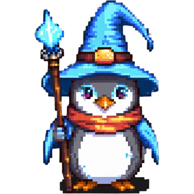 penguin wizard with a pointy hat and magic staff emoji