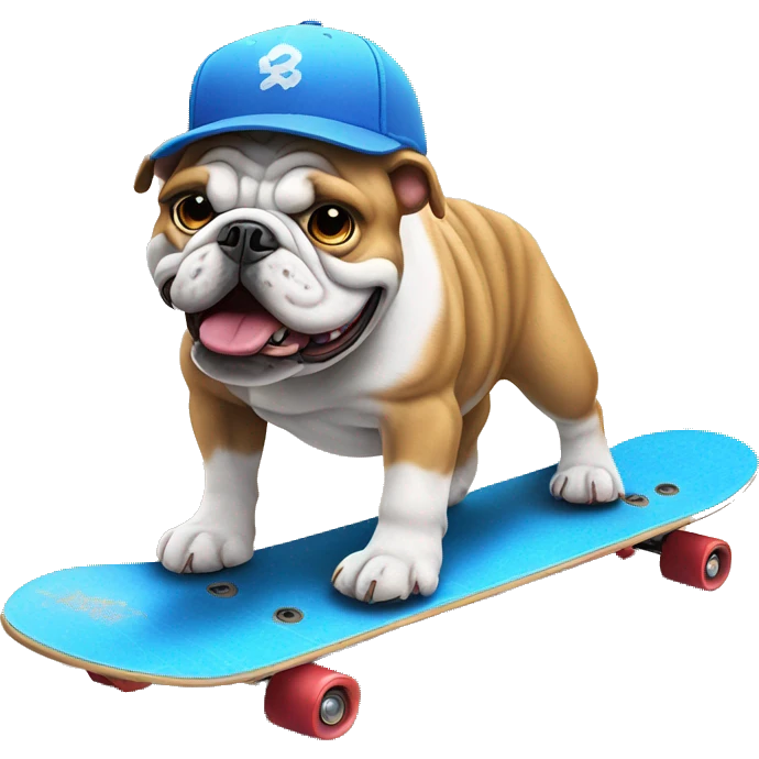 Bulldog with a blue baseball cap skateboarding by the beach emoji