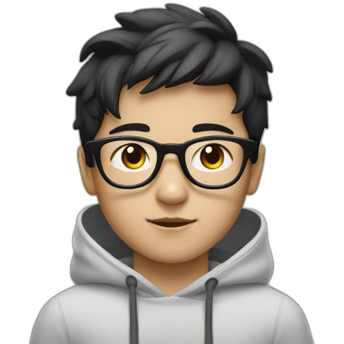 young boy with korean style black hair / grey hoody / white glasses / white glasses emoji