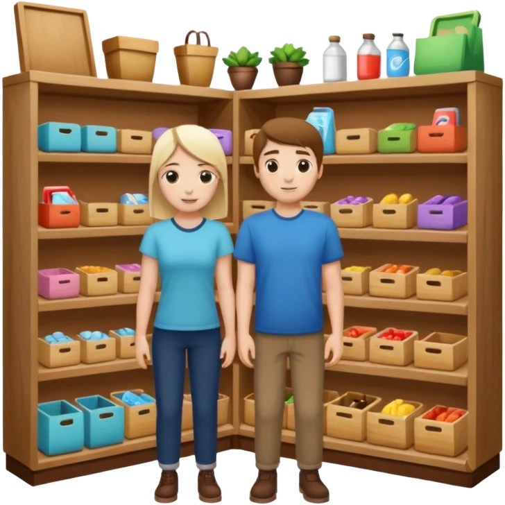 2 grown characters + small shop emoji