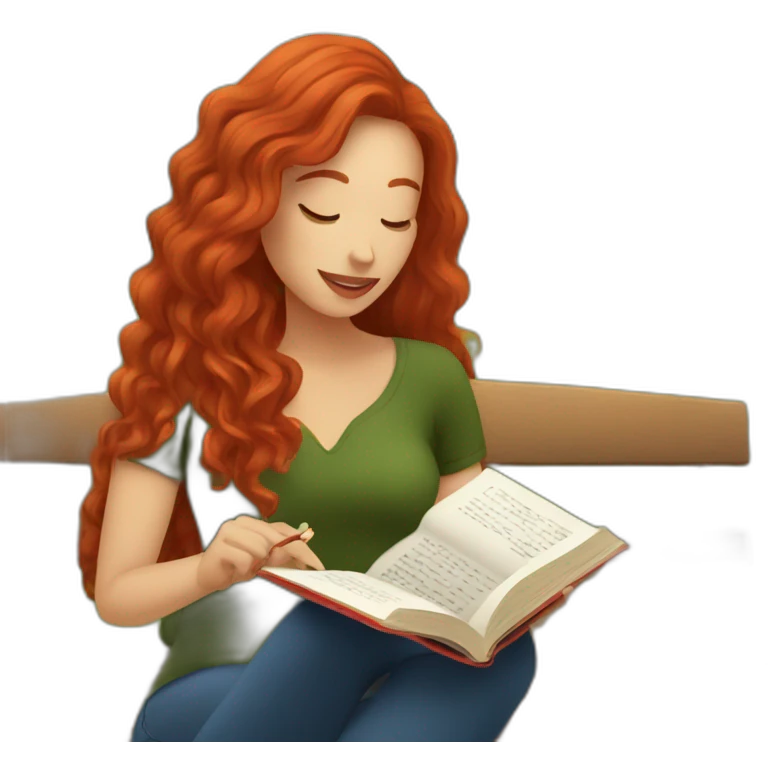 woman with long curly red hair reading a book with a glass of wine in a park emoji