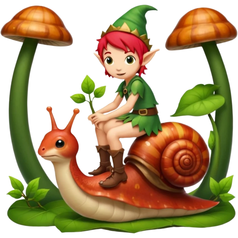 tiny forest elf with red hair riding snail emoji