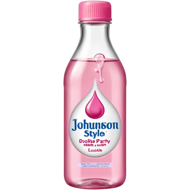 realistic Johnson and Johnson style bottle pink cap pink label clear bottle with berry party written on the logo with diddy logo bottle leaking oil from the top emoji