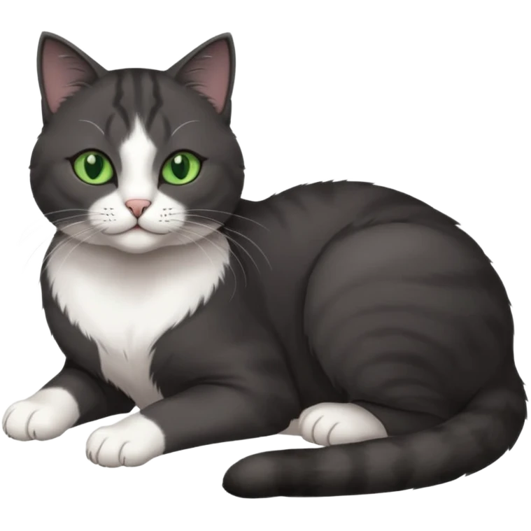 beautiful female solid dark grey cat with green eyes, white toes/paws and white patch on her chest lying down emoji