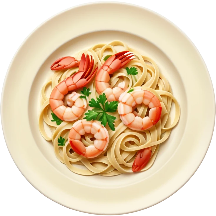 create a Whole Shrimp Linguini stylized thicker  with white plate Camera angle: slightly elevated top-down view with a gentle bird’s-eye perspective (about 15–20°), identical perspective and scaled do not add anything on plate


 emoji