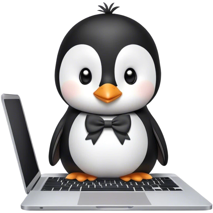 a cute penguin wearing bow, sitting in front of a macbook emoji