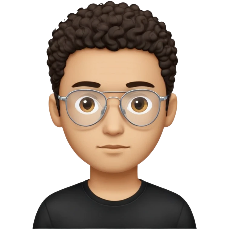 Latino man with light brown complexion, small face and prominent forehead, teardrop-shaped aviator glasses, totally shaved sides with very minimal dark curly hair only on top, gentle expression, simple black t-shirt emoji