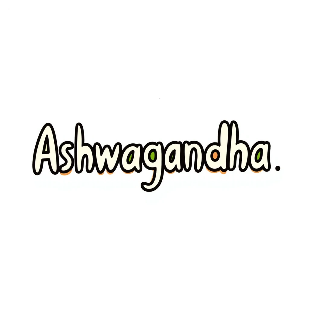 The word "Ashwagandha" hand-drawn in white/cream colored text with just a few green and orange accents. Simple doodle style. emoji