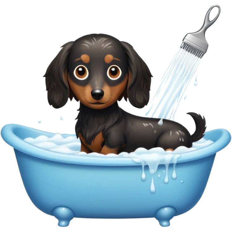 Black and cream Long haired Dachshund getting bath and haircut emoji