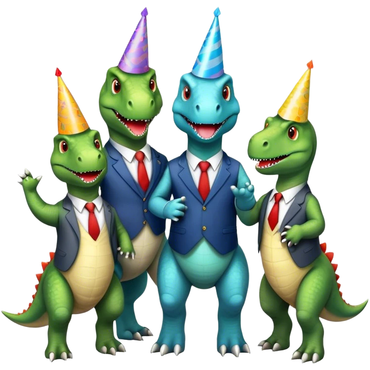 three office dinosaurs in office suits celebrating birthday emoji