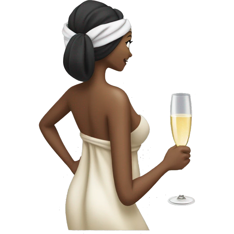 Girl with towel wrapped around her head and body holding a champagne glass in black high heels  emoji