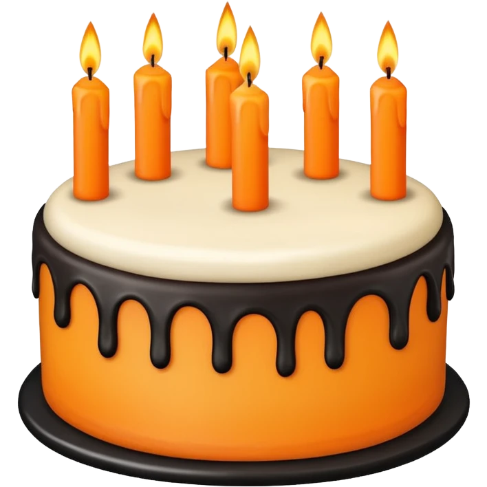 Vanilla birthday cake with orange and black decorations and candles emoji