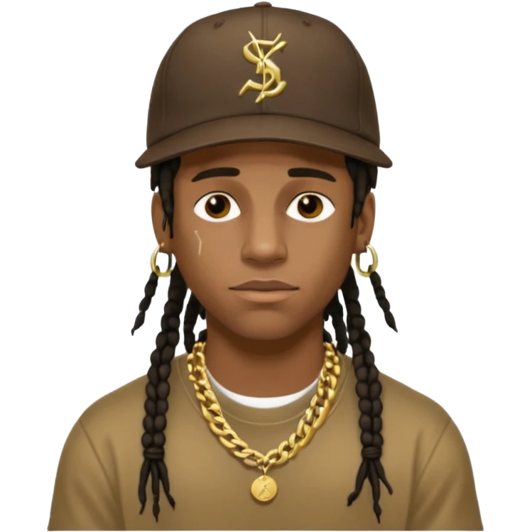 Travis Scott with gold chain necklace, wearing hat, dreadlock hair  emoji