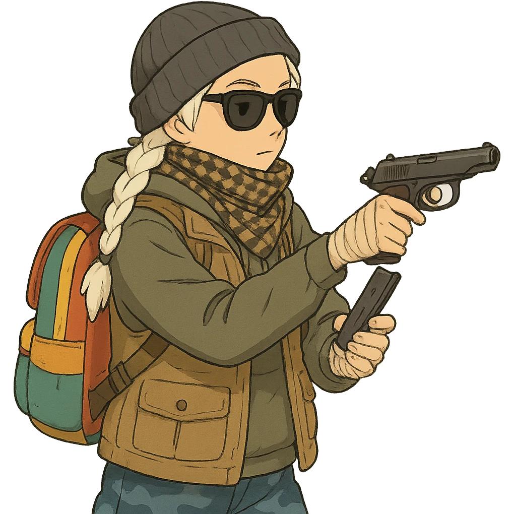 1 female, long white braid, knit cap, dark sunglasses, shemegh neckwrap, fishing vest, vibrant shool backpack, drab hoodie, handwraps, blue camo pants, executing a tactical reload of a makarov pistola emoji