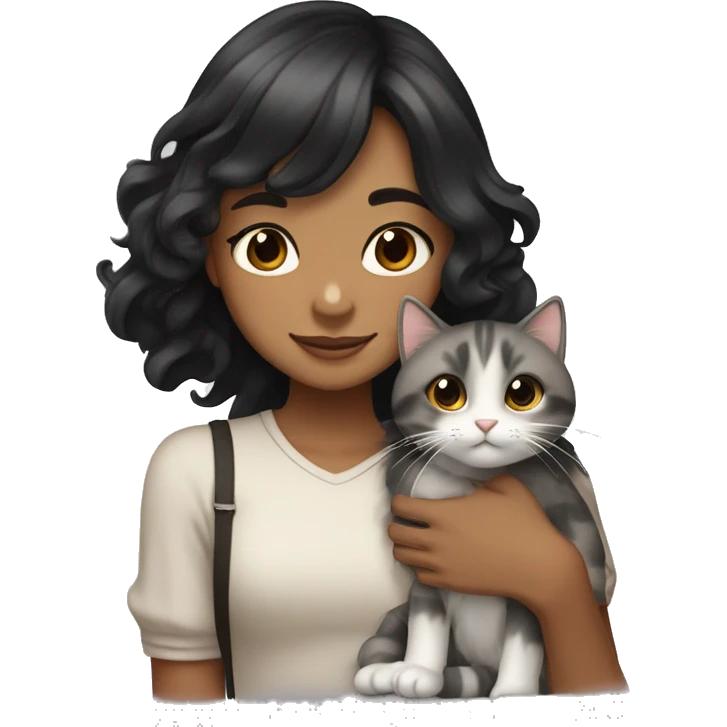 TAN SKIN GIRL with long black wavy hair and bangs HUGGING HER LIGHT BROWN, GRAY, and WHITE CALICO CAT  emoji