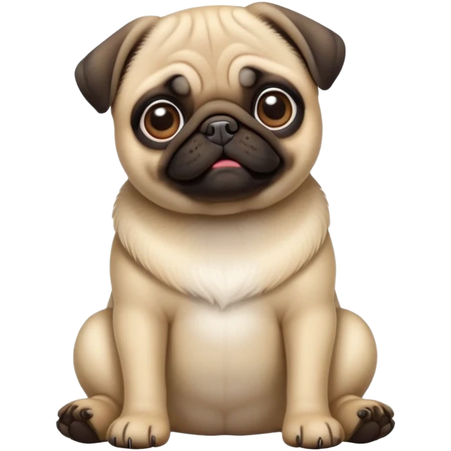 detailed-[cute pug]-realistic-full-body-sitting-emoji,-tail-resting-loosely-beside-its-paws,-head-tilted-dramatically, -sleek-fur,-simplified-yet-realistic-focused-features,-highly-detailed,-glowing-with-an-almost-sarcastic-glow emoji