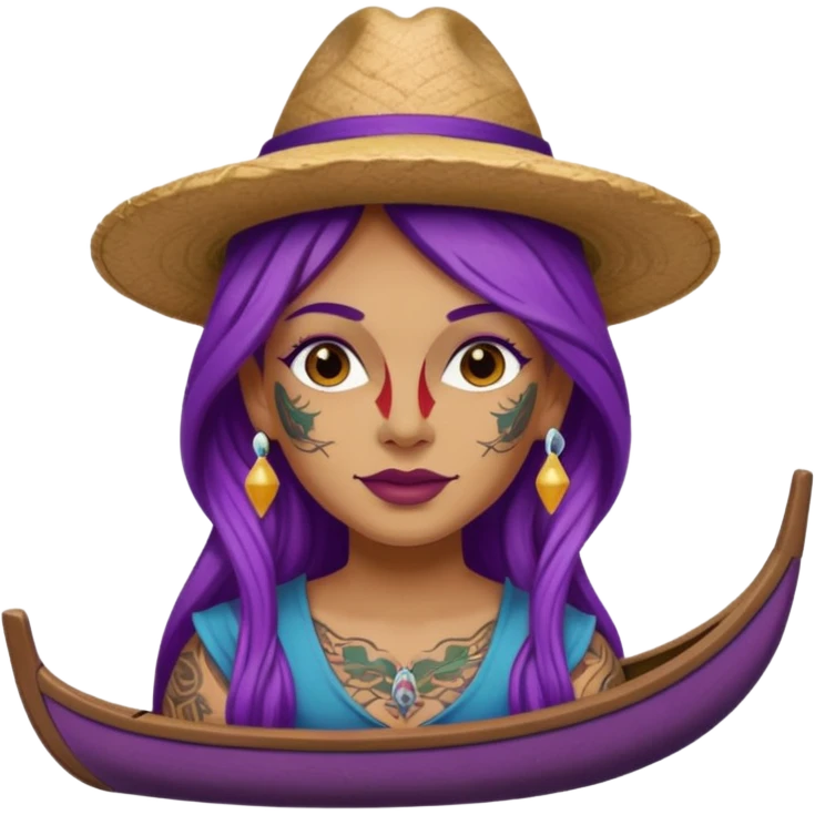 tattoed face venice gondolier with iconic hat woman purple long hair emoji