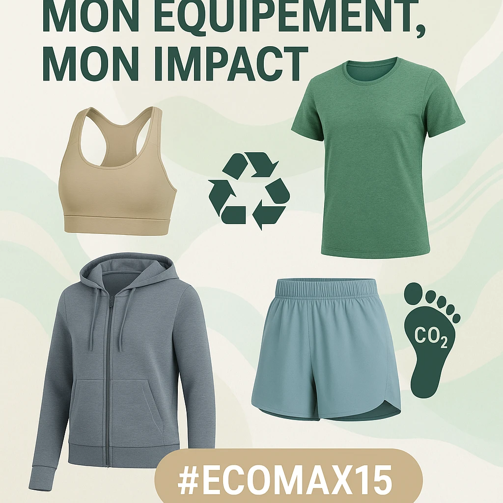 vertical mobile story visual for Decathlon, modern interface, slogan 'Mon équipement, mon impact' at the top, selection of eco-responsible sports clothing with realistic photos, pictograms of recycling and carbon footprint, highlight #Ecomax15, natural palette (soft greens, beige, white, light blue), dynamic universe emoji
