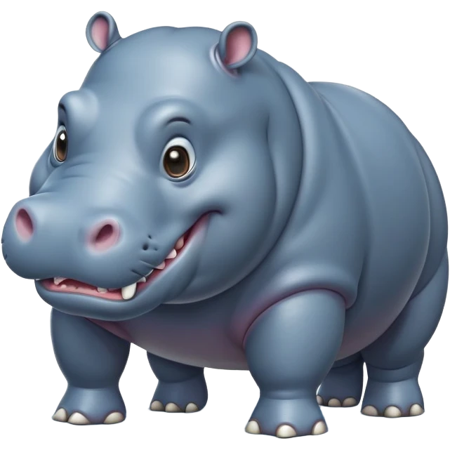 cinematic-hippo-realistic-full-body-side-view-standing-on-all-fours-emoji,-massive-round-frame,-wide-mouthed-grin-exposing-huge-teeth,-head-tilted-dramatically,-thick-greyish blue-hide-glossy, big cute eyes emoji