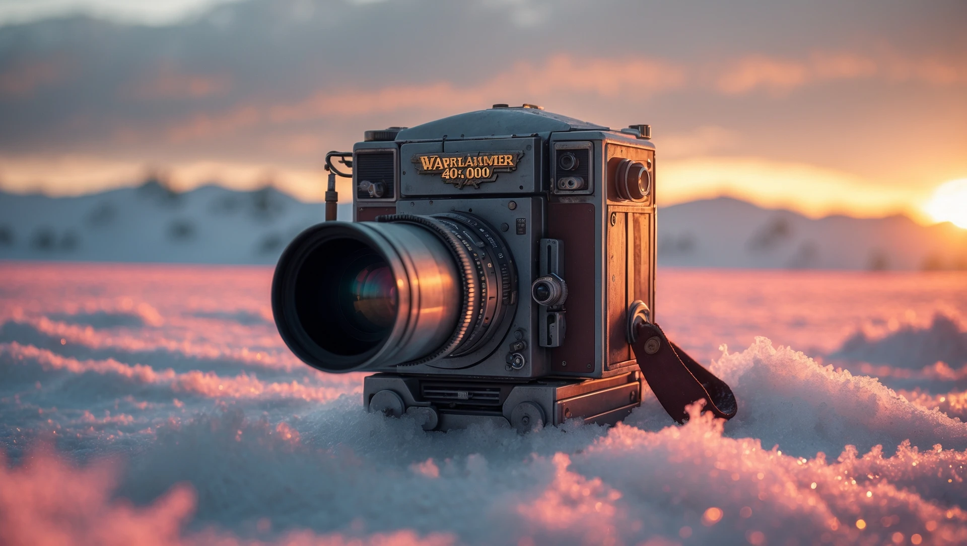 Cinematic, documentary photography, establishing shot, Warhammer 40.000 new title, in the style of snow scenes, ARRIFLEX 35 BL Camera, Canon K35 Prime Lenses, ethereal landscape, 70mm, dedication, Sunset, warm and vibrant colors, dedication emoji