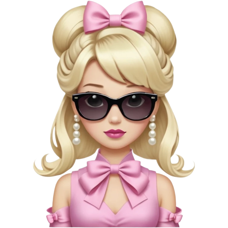 A woman with light blonde hair styled in a large bow-shaped updo.  The hair has bangs and is very long, cascading down her shoulders.  The woman is wearing large, dark, square-framed sunglasses.  Her makeup includes light pink lipstick and subtle eyeshadow.  A strand of pearls is visible around her neck.  She is likely of Caucasian ethnicity.   emoji