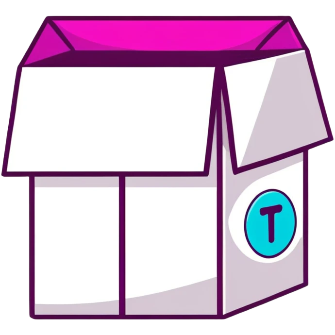 Minimalist sticker with white 'tt' letters on a black circle with cyan, magenta, and yellow dots below, shipping box with street style influence emoji