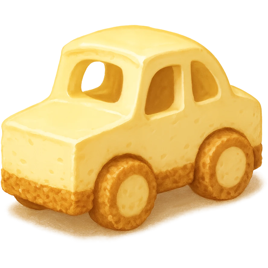 a small car made from New York cheesecake, wheels and body look like creamy cheesecake with a graham cracker crust, whimsical and appetizing, dessert-themed, cute and playful emoji
