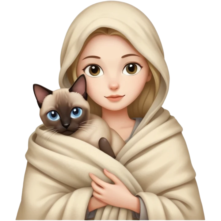 A beautiful Caucasian girl wrapped in a blanket holding a Siamese cat emoji