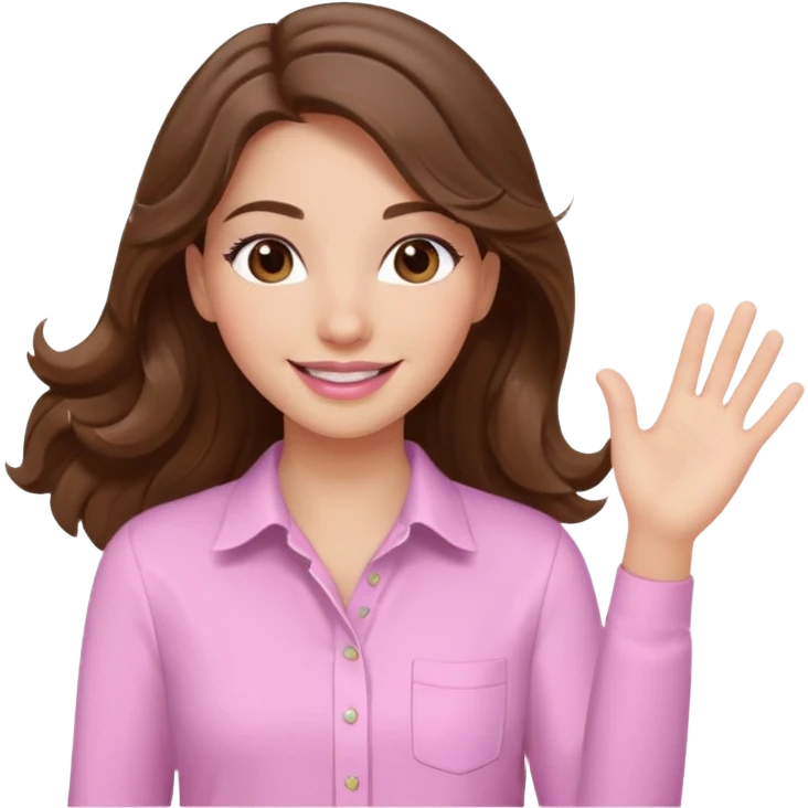 girl with wavy long brown hair, brown eyes, light to medium complexion, long lashes, light pink lipstick, smiling, wearing light pink shirt, waving motion emoji