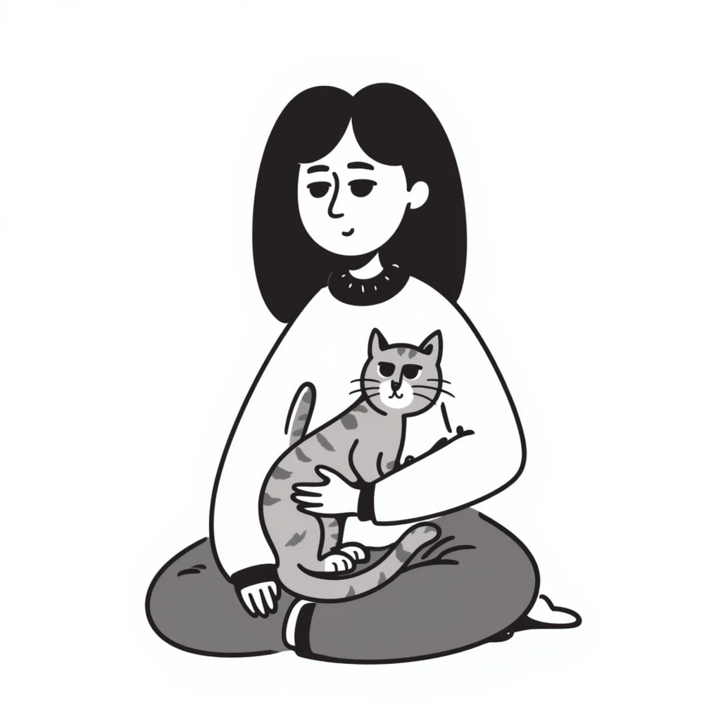 a sad brunette woman with straight hair sitting on the floor, holding a ginger cat in her lap emoji