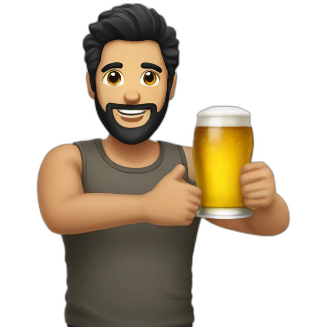 Man black hair anda beard with a beer anda thumb up emoji