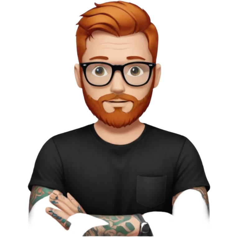Svelte looking redhead man with sleeve tattoos and a beard and rayban glasses, 38 years old but younger looking emoji
