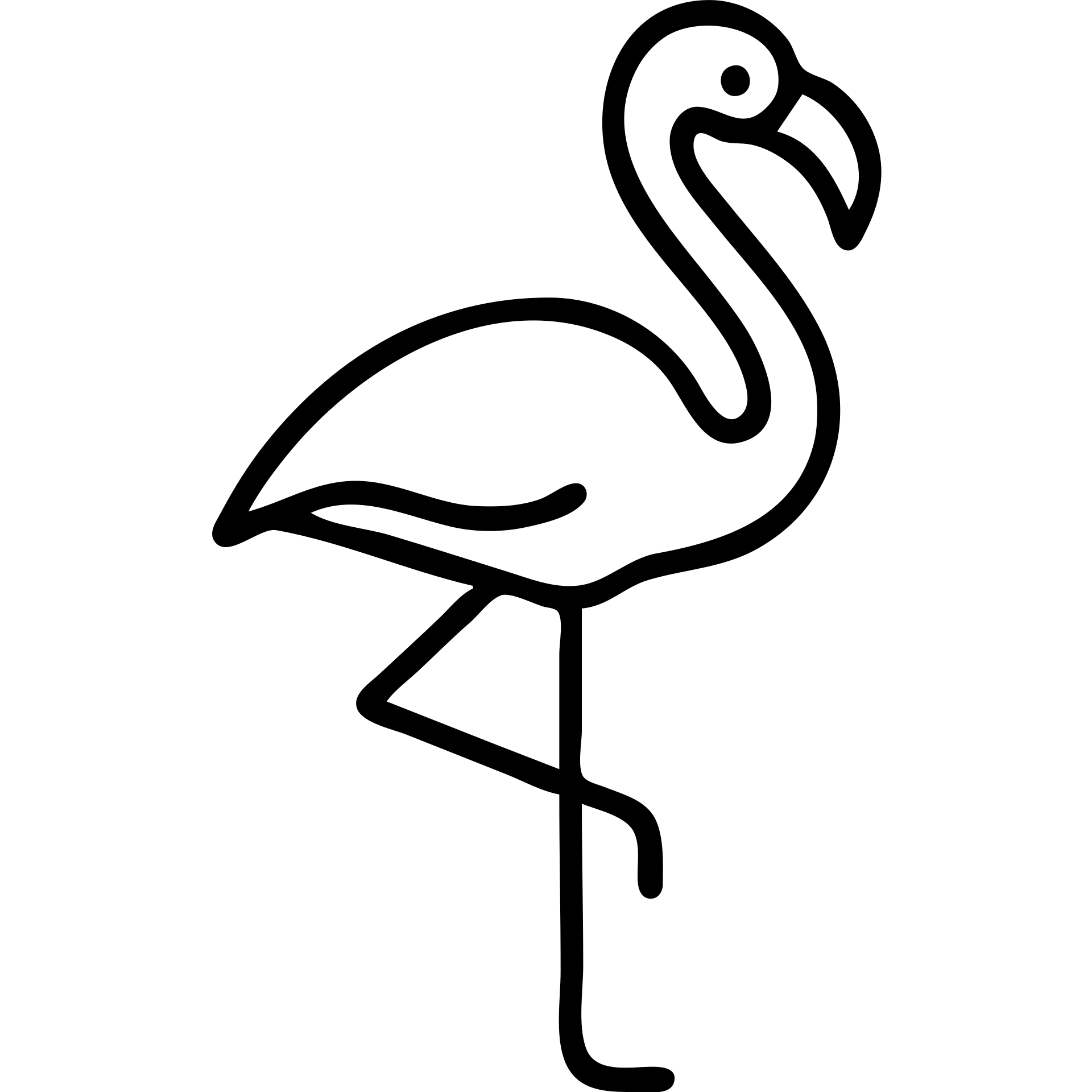 A flamingo with a long slender neck, standing on one thin leg with the other leg tucked up. The bird has a characteristic curved beak and elegant posture. emoji
