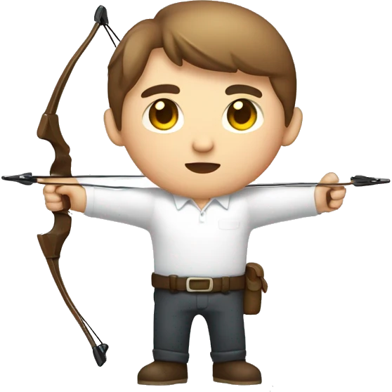 a male, aiming with a bow, facing  his target, eyes closed, wearing a white shirt, very short brown hair, bright skin, only show upper part of the body from waist up emoji