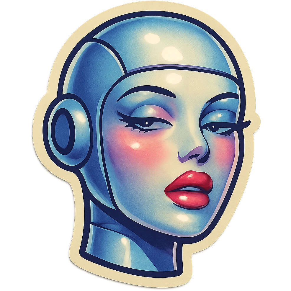 sexy female bot, Telegram sticker style, very pale skin, expressive lips, languid gaze, light blush, head only without neck, white background emoji