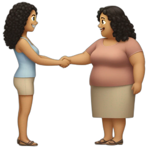 tan chubby woman with black curly hair shakes hands with a chubby pale woman who has straight light brown hair emoji