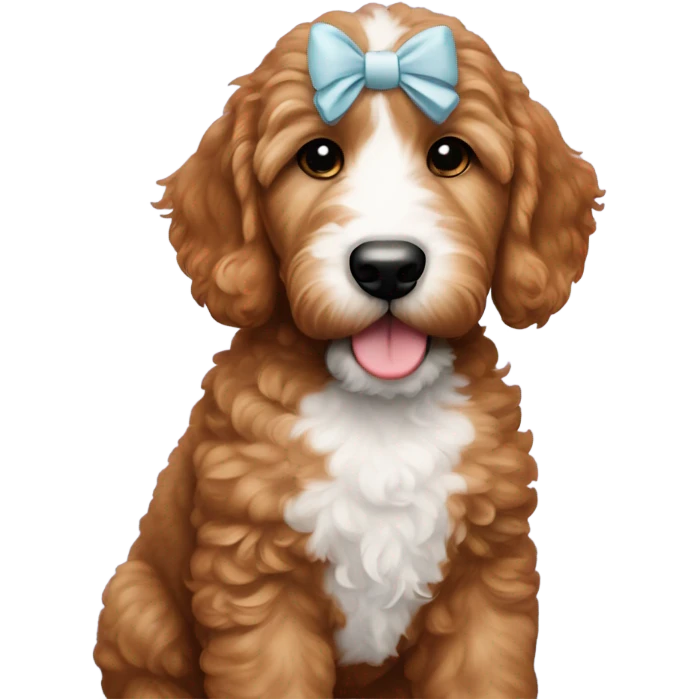 Red goldendoodle puppy white patch on head & bow on head emoji