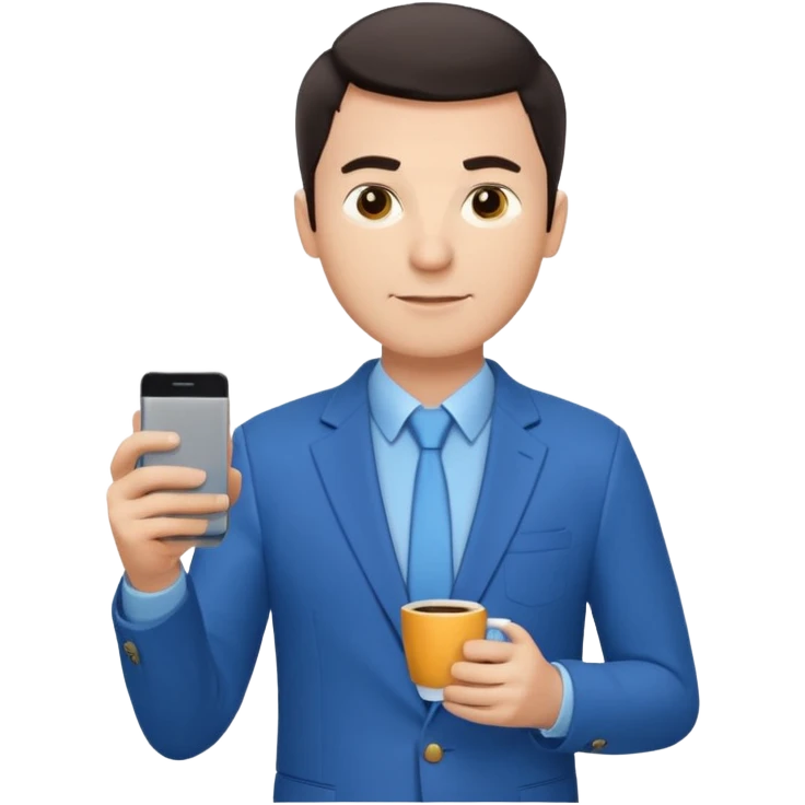 Confident male entrepreneur, Caucasian features, short dark hair, defined eyebrows, slight smile, wearing blue blazer over light blue shirt, holding a smartphone in one hand and a coffee cup in the other, waist-up, front-facing emoji