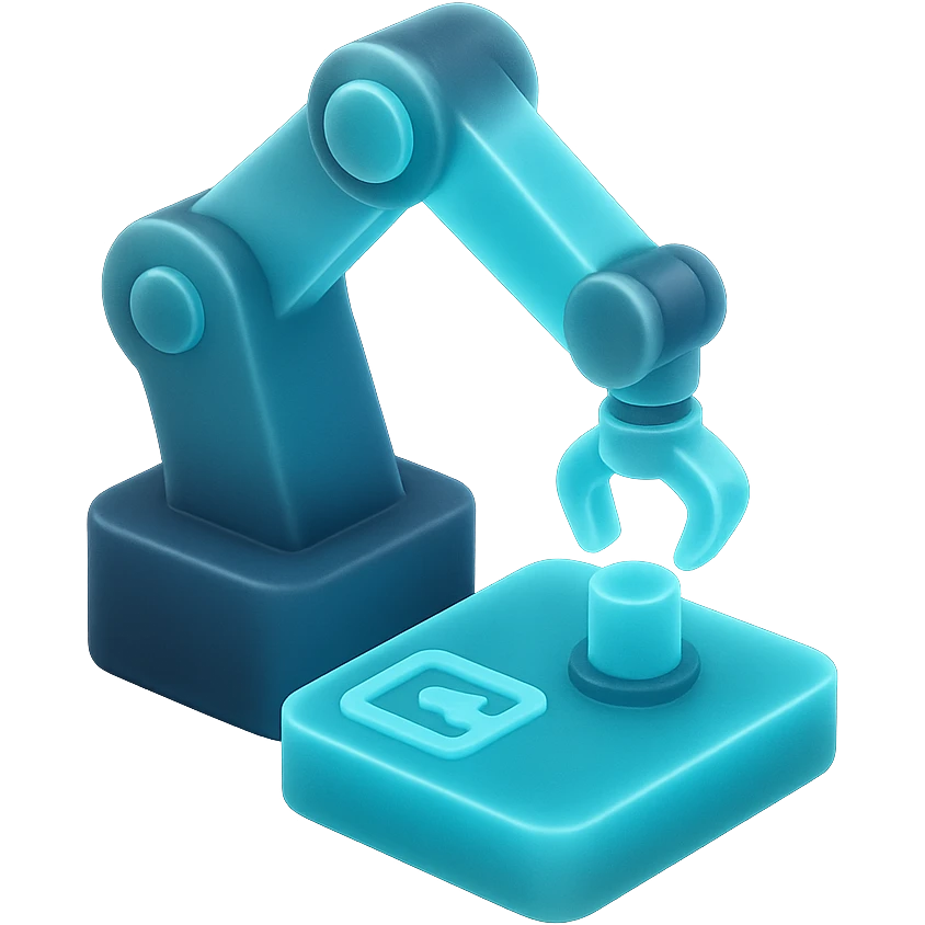 robotic arm automating a process, colors #3B2C85, #83fff8, #2C2828, matte glass style emoji