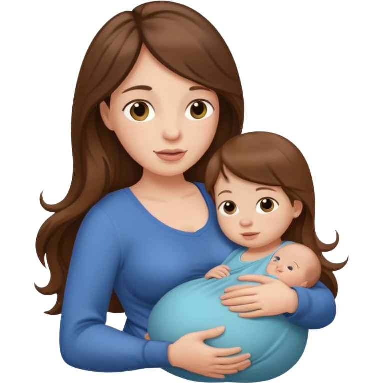 Pregnant woman with long brown hair and fair skin, holding a baby in her arms. emoji