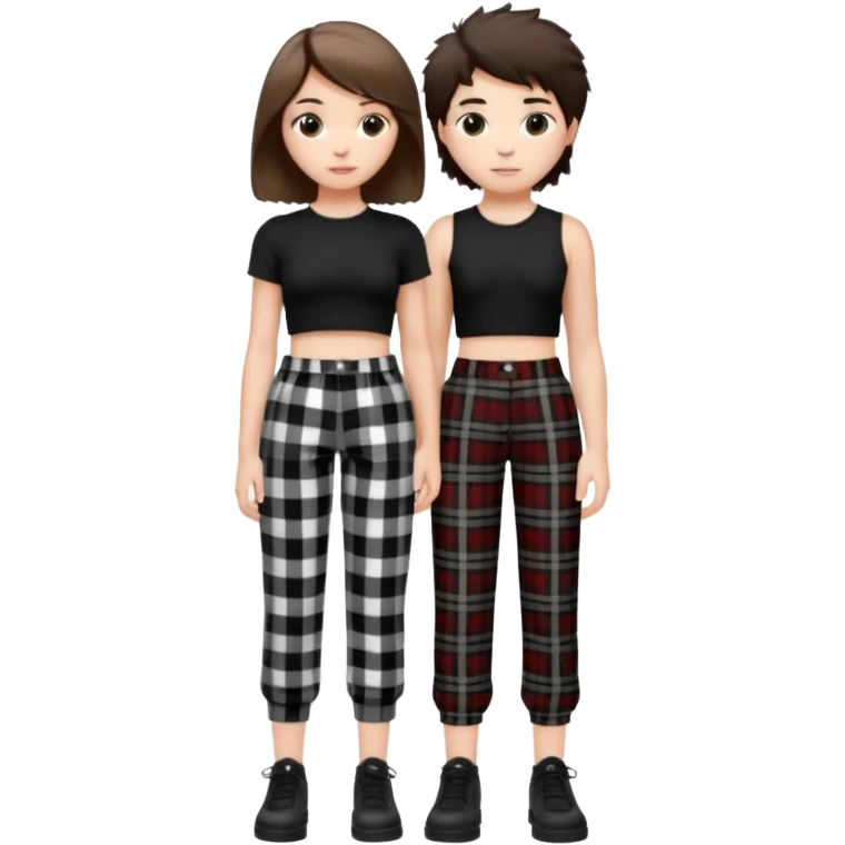 white girl with short brunette hair and eyelashes a little long with a black crop top and black and white plaque pants on top of a white boy with brunnete fluffy hair and long black shirt on and black and white plaque pants. emoji